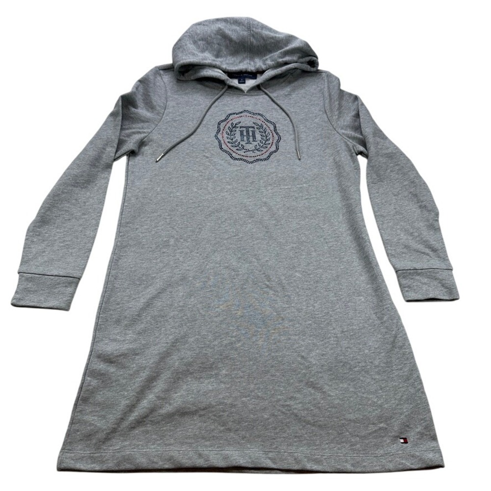 Tommy Hilfiger Women Gray Hoodie Dress Rhinestone Logo Long Sleeve Preppy M